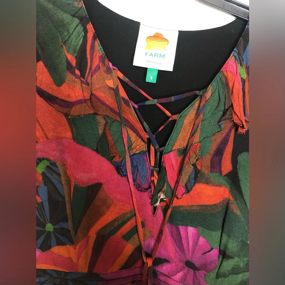 Farm, Rio Bird flowers long sleeve V-neck maxi dress, size small - Picture 8 of 15